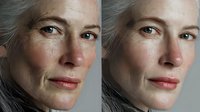 Before and after comparison of mature woman's face showing aging skin versus retouched smooth complexion with silver hair, demonstrating beauty transformation.