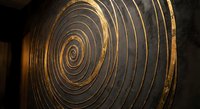 Golden spiral carved into dark stone surface creating mesmerizing tunnel effect with warm metallic highlights and dramatic lighting for luxury design projects.