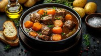 Homemade beef stew with tender meat chunks, carrots, and herbs in rich broth, served with rustic bread slices and potatoes on dark background.