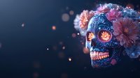 Ornate blue sugar skull decorated with pink and coral flowers against dark background with glowing bokeh lights and mystical atmosphere. Day of Dead celebration.