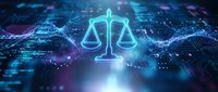 Digital justice scales glowing in cyan light over futuristic data network with purple accents representing legal technology and cyber law enforcement.