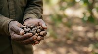Farmer holding freshly harvested potatoes in cupped hands, showing soil-covered root vegetables from organic garden or farm harvest for agriculture and food production concepts.