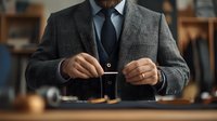 Mature businessman in gray plaid suit adjusting watch at wooden desk, close-up view of hands and torso showing professional attire and attention to detail.