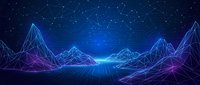 Futuristic digital landscape with glowing neon mountains and starry sky. Abstract cyber terrain with geometric wireframe peaks in blue and purple colors.