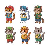 Six adorable cartoon cats wearing colorful construction worker outfits and hard hats, isolated on white background. Perfect for children's designs, clipart, and merchandise.