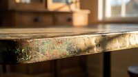 Weathered wooden table edge with peeling paint layers in rustic kitchen interior. Vintage furniture detail showing natural aging and distressed finish.