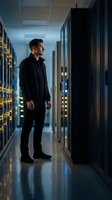 Young Caucasian male IT professional standing in modern data center server room with glowing LED lights for technology and cybersecurity concepts.