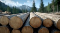 Raw wooden logs stacked in perspective with snow-capped mountains and pine forest in background, natural timber harvesting and lumber industry concept.