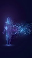 Digital human figure with neon blue and purple wireframe dissolving into flowing data streams and circuit patterns, representing artificial intelligence, technology integration, and digital transformation for tech concepts.