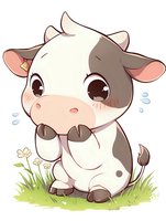 Adorable kawaii style spotted cow calf sitting in grass with daisies, featuring big eyes and blushing cheeks. Cartoon character for children's designs and nursery art.