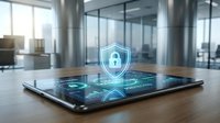 Digital tablet displaying cybersecurity shield icon with glowing network connections in modern office environment for business technology protection.