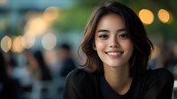 Young Asian woman with short dark hair smiling warmly at evening event, natural makeup and black top, soft bokeh lights in background creating atmospheric portrait.
