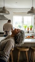 African American woman with gray curly hair relaxing in modern kitchen while man cooks in background. Domestic life and retirement lifestyle concept.