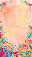 Festive watercolor background with colorful balloons, gift boxes, bunting flags, confetti, and shopping bags on soft pink and yellow gradient, isolated on transparent background, ready for party invitations, greeting cards, and celebration designs.