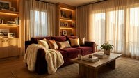 Luxurious living room with burgundy velvet sofa, warm golden lighting, floor-to-ceiling curtains, wooden shelving, and modern coffee table for upscale interior design projects.
