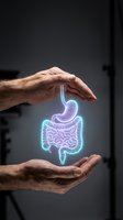 Protective hands surrounding glowing digestive system hologram representing gut health, medical care, gastroenterology and wellness protection concepts.