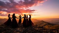 Five women in flowing dresses holding hands in circle on mountain peak at dramatic sunset with vibrant orange and purple sky for spiritual wellness concepts.