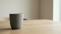 Minimalist concrete cup on wooden table with neutral beige background, suitable for home decor, lifestyle, and product design projects.