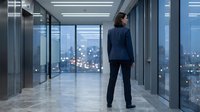 Woman in business attire standing in modern office corridor with floor-to-ceiling windows overlooking city skyline at dusk, suitable for corporate and professional concepts.