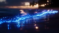 Magical glowing blue bioluminescent waves wash up on dark beach at night with palm trees silhouetted against dramatic sunset sky, creating natural light phenomenon.