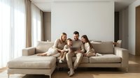 Family of four sitting together on beige sectional sofa in modern living room, using digital tablet, spending quality time indoors.