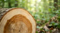 Fresh cut tree log showing annual growth rings in natural forest setting with green foliage background for lumber and woodworking projects.