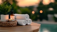 Spa composition with rolled white towels, aromatic candle and green plant on wooden surface near pool at sunset, creating relaxing wellness atmosphere.