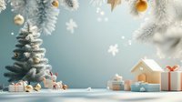 Festive winter scene with miniature Christmas tree, tiny wooden house, wrapped gifts, and gold ornaments on snowy surface against soft blue background.