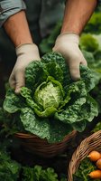 Farmer's hands in protective gloves holding fresh organic lettuce head over wicker basket in vegetable garden. Natural produce harvesting concept.