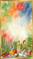 Watercolor cooking background with fresh vegetables, herbs, olive oil bottle, and kitchen utensils arranged at bottom. Vibrant rainbow wash in green, orange, red, and blue tones fades to cream center. Ideal for culinary designs.