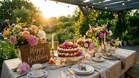 Elegant outdoor birthday table setting with floral arrangements, layered cake, candles, and a Happy Birthday sign in a sunny garden.
