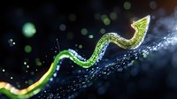 Glowing green spiral bacteria cell on dark background with bokeh effect and water drops, microscopic view of microorganism in scientific research laboratory.