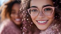 Young woman with curly hair wearing stylish pink glasses smiles warmly at camera, with soft bokeh light effects and another woman blurred in background. Natural beauty portrait.