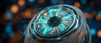 Futuristic digital eye with glowing cyan iris and metallic ring, surrounded by particles and bokeh lights, representing artificial intelligence, technology, and digital vision for tech concepts.