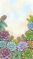 Watercolor succulent frame border with colorful plants creating decorative corner elements on soft pastel background for botanical design projects.