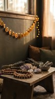 Cozy meditation space with crystals, wooden beads, dried lavender and warm string lights creating peaceful spiritual atmosphere for mindfulness practice.