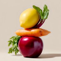 Fresh fruits and vegetables stacked in creative balance composition with lemon, carrot and red apple on beige background, healthy eating concept.