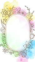 Watercolor floral frame with hand drawn flowers and swirls on colorful background. Oval border design for invitations, cards, wedding stationery and decorative projects.