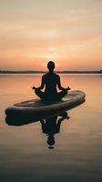Silhouette of person meditating in lotus pose on paddleboard at sunset over calm water with golden sky reflection for wellness and mindfulness concepts.