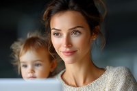 Young Caucasian woman in cozy knit sweater with natural makeup and updo hairstyle poses with toddler girl in soft atmospheric lighting, expressing warmth and tenderness.