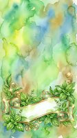 Watercolor background with soft green, yellow, and blue washes featuring ornate gold scrollwork and fresh green leaves framing a blank white banner space for text or design elements.