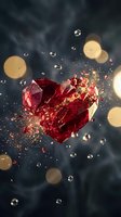 Shattered red crystal heart exploding with sparkling fragments and golden bokeh lights on dark background for romantic design concepts.