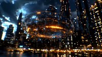 Futuristic glowing ring hovers over illuminated cityscape at night with dramatic sky and reflective waters, showcasing advanced technology and urban innovation.