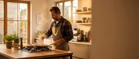 Middle-aged Caucasian male chef in plaid shirt preparing food at wooden counter in modern kitchen with warm lighting and shelving.