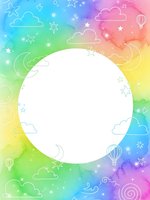 Colorful rainbow watercolor frame with white circle space, clouds, stars and hot air balloons for children design projects and creative layouts.