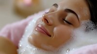 Young woman relaxing in luxurious bubble bath with closed eyes and serene expression, surrounded by soft foam and pink towels, wellness and spa concept.
