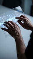 Businessman hands interacting with futuristic holographic interface displaying data analytics charts and network connections for digital transformation.