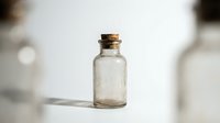 Small vintage glass bottle with cork stopper on white surface, minimalist apothecary style container for natural remedies and essential oils storage.
