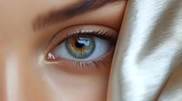 Close-up of young woman's blue-green eye with natural makeup and soft lighting. Beauty skincare and cosmetics concept for wellness advertising.