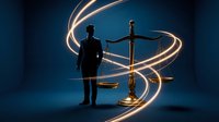 Silhouette of businessman with golden scales of justice surrounded by glowing light trails on dark blue background for legal and corporate concepts.